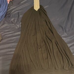 Elegant Black Halter Dress with Embellished Neckline